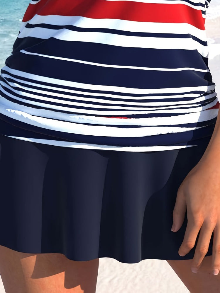 Striped Two-Piece Swimsuit For Women Sexy Slim Fit Skirt Bikini