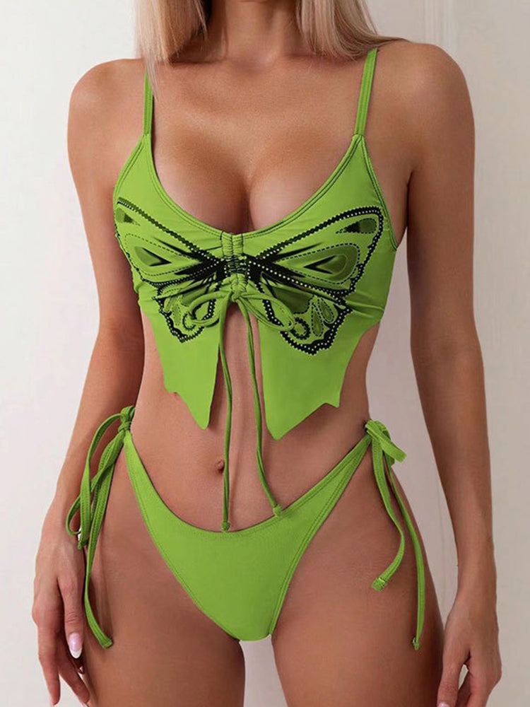 Sexy Butterfly Print Bikini Set With Backless Design