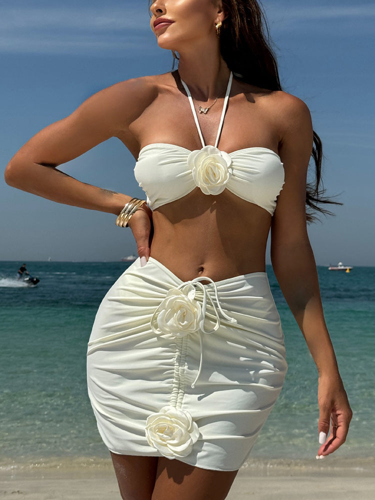 Sexy Rose Print Halter Three-Piece Swimsuit Bikini