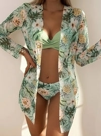 Sun Protection Bikini Set With Cover-Up - Floral Print