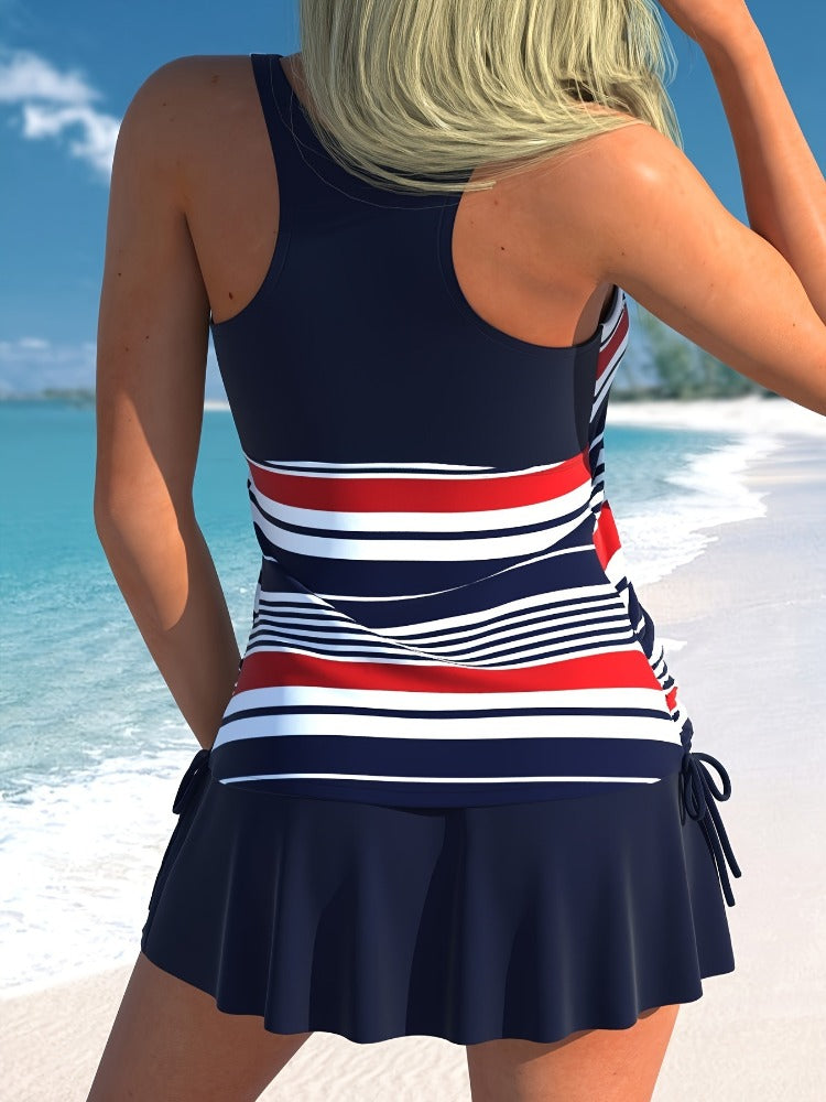 Striped Two-Piece Swimsuit For Women Sexy Slim Fit Skirt Bikini