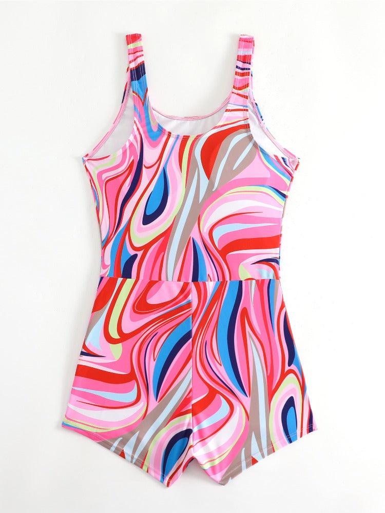 Wavy Round Neck One-Piece Swimsuit For Women Sleeveless Beach Swimwear